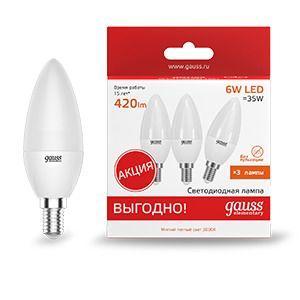 Лампа светодиодная Elementary 6Вт свеча 3000К тепл. бел. E14 420лм промо (уп.3шт) GAUSS 33116T