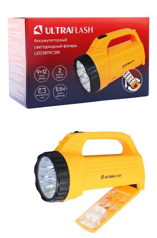 Фонарь аккумуляторный LED3819CSM 9LED + 12SMD 2 режима аккум. SLA 220В желт. Ultraflash 12102/12860