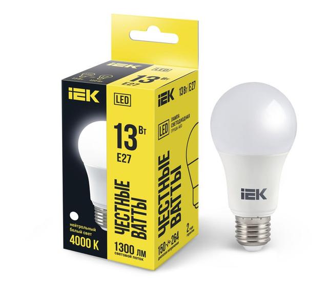 Лампа светодиодная Eco 13Вт A60 шар грушевидная 4000К нейтр. бел. E27 230В IEK LLE-A60-13-230-40-E27