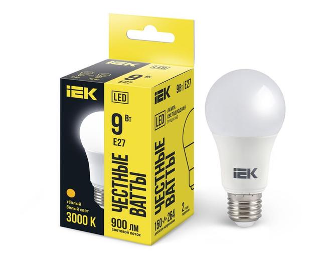 Лампа светодиодная ECO A60 9Вт грушевидная 3000К тепл. бел. E27 810лм 230-240В IEK LLE-A60-9-230-30-E27
