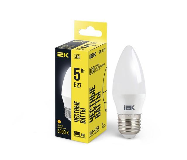 Лампа светодиодная ECO C35 5Вт свеча 3000К тепл. бел. E27 450лм 230-240В IEK LLE-C35-5-230-30-E27