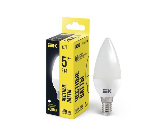 Лампа светодиодная Eco 5Вт C35 свеча 4000К нейтр. бел. E14 450лм 230-240В IEK LLE-C35-5-230-40-E14