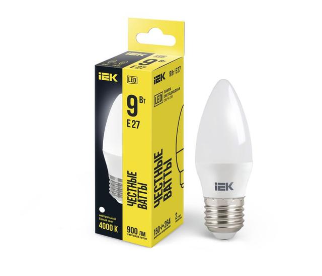Лампа светодиодная Eco 9Вт C35 свеча 4000К нейтр. бел. E27 230В IEK LLE-C35-9-230-40-E27