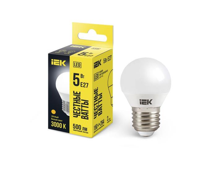 Лампа светодиодная ECO G45 5Вт шар 3000К тепл. бел. E27 450лм 230-240В IEK LLE-G45-5-230-30-E27